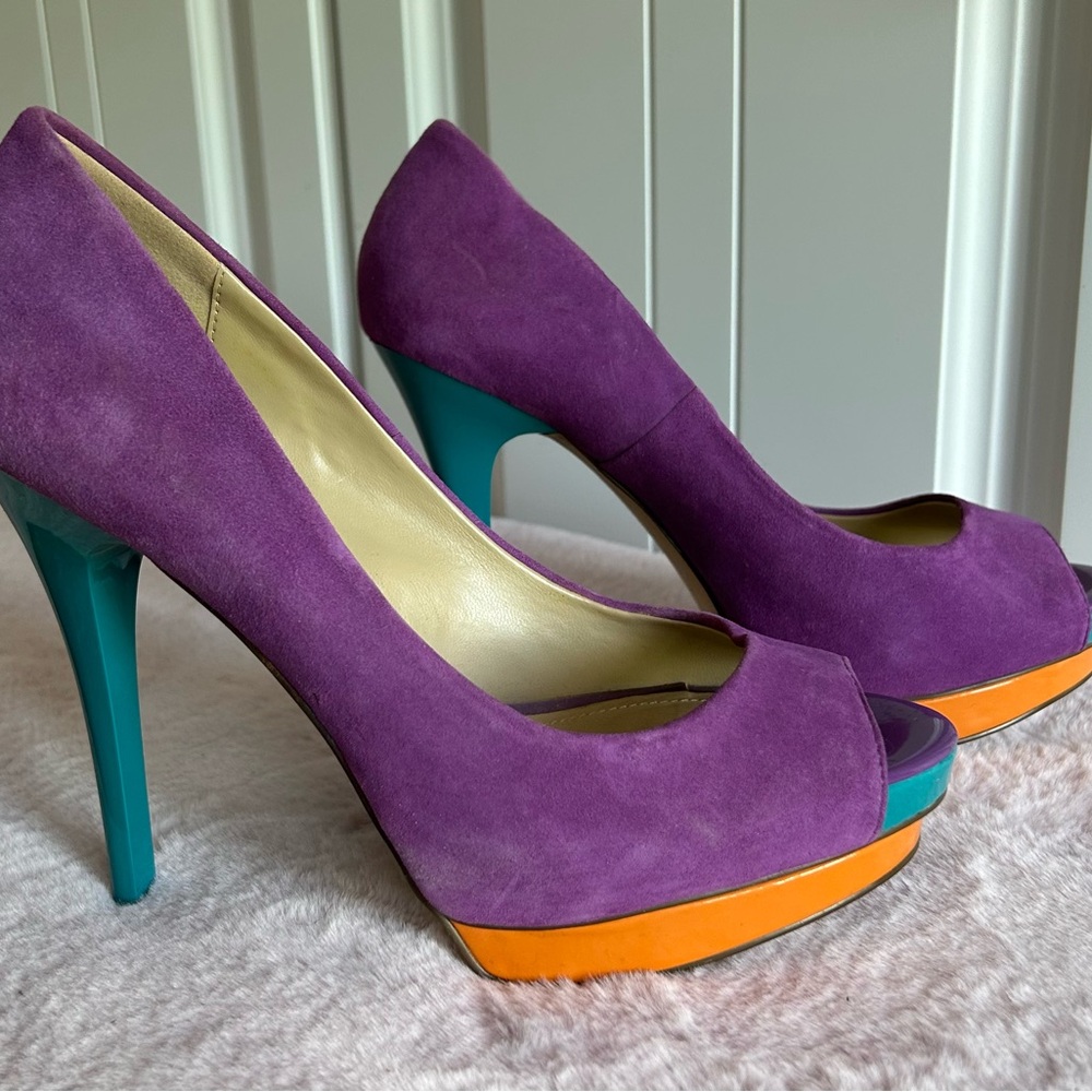 Aldo Purple Blue & Orange Suede Peep-Toe Platform Heels